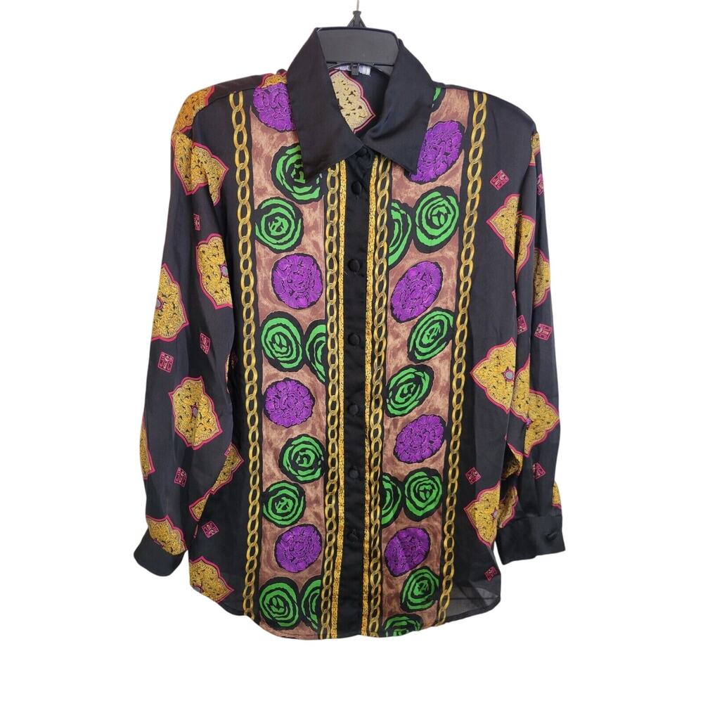 Vintage Tess BOLD Black Geometric Colorful Casual Button Down Shirt Womens Small